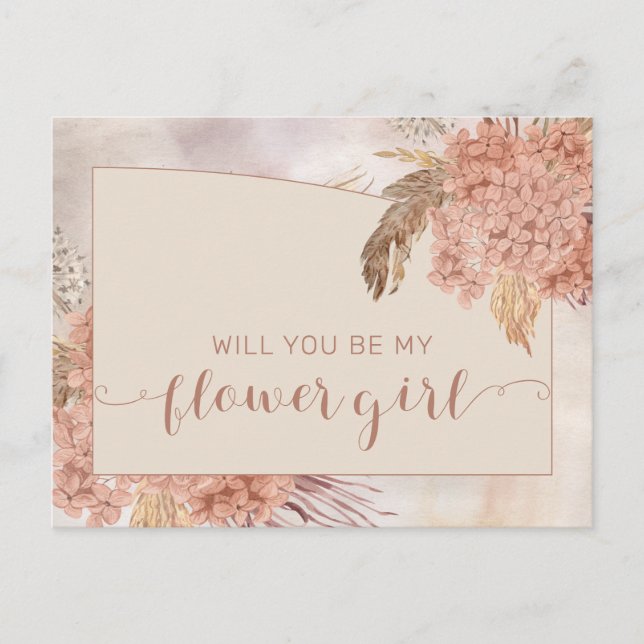 Boho Pampas Grass |Hydrangea Flower Girl Request  Invitation Postcard (Front)