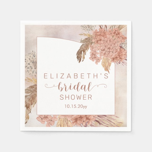 Boho Pampas Grass | Hydrangeas Bridal Shower  Napkin (Front)