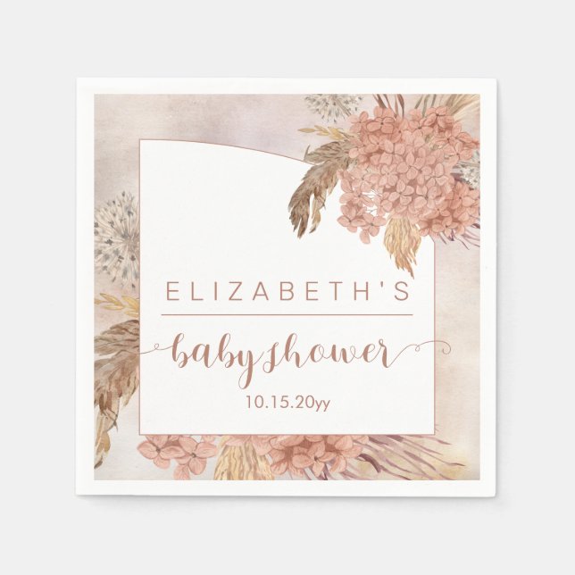 Boho Pampas Grass | Hydrangeas Girl Baby Shower  Napkin (Front)
