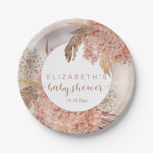 Boho Pampas Grass | Hydrangeas Girl Baby Shower  P Paper Plate (Front)