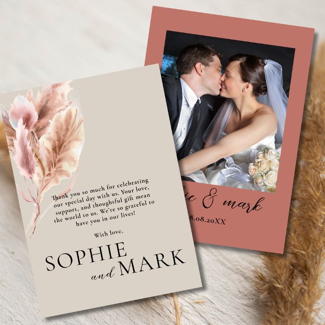 Boho Pampas Grass Minimalist With Photo Wedding Thank You Card (Creator Uploaded)