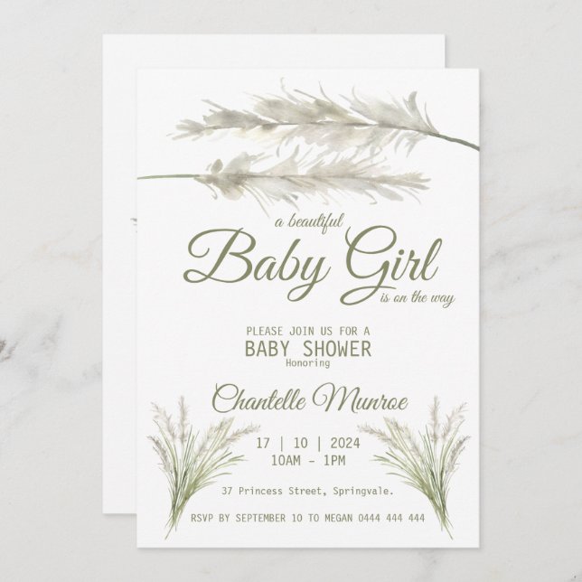 Boho Pampas Grass Modern Bohemian Baby Shower  Invitation (Front/Back)