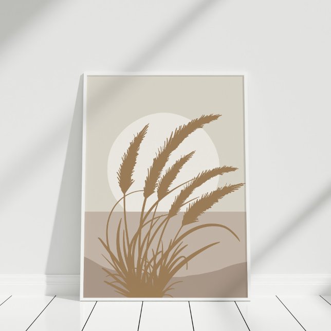 Boho Pampas Grass Moon Neutral Wall Art Print (Boho Pampas Grass Full Moon Illustration Poster on a white frame against white wall.)