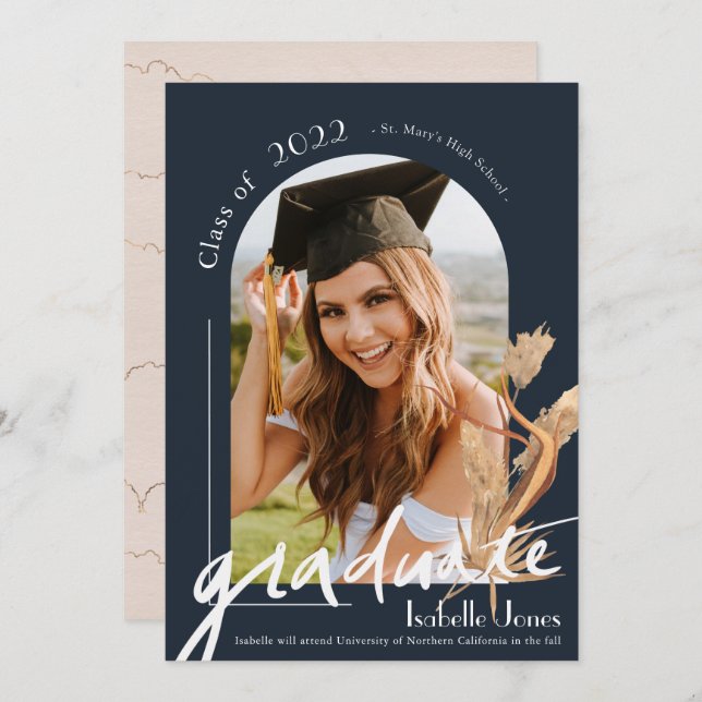 Boho Pampas Grass Navy Blue Arch Photo Graduation Invitation (Front/Back)