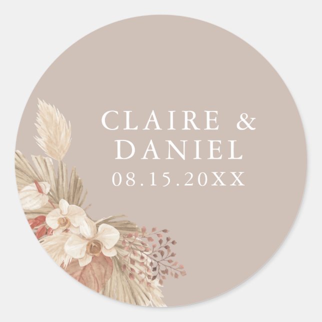 Boho Pampas Grass Neutrals Wedding Classic Round Sticker (Front)
