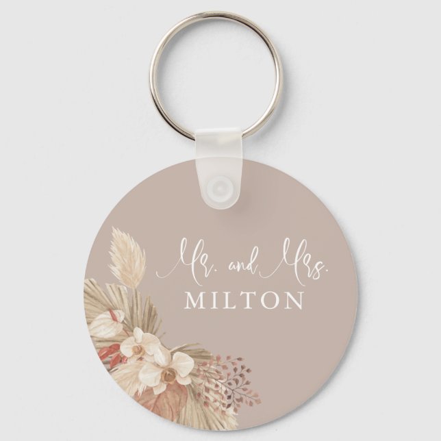 Boho Pampas Grass Neutrals Wedding Key Ring (Front)