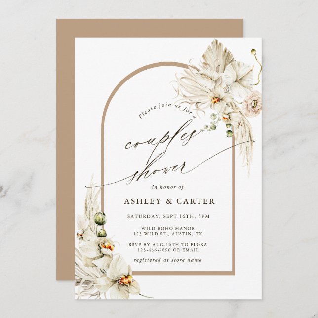 Boho Pampas Grass Orchid Floral Couples Shower Invitation (Front/Back)