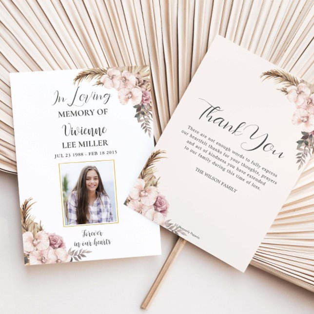 Boho Pampas Grass Orchid Photo Funeral Memorial Thank You Card (Creator Uploaded)