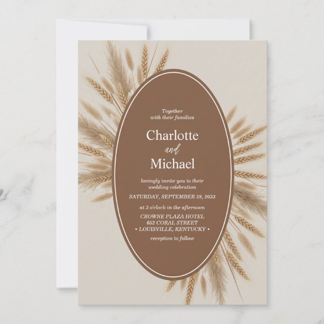 Boho Pampas Grass Oval Frame Wedding Invitation (Front)