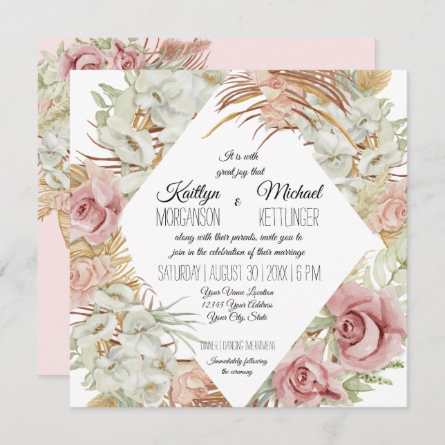 BOHO Pampas Grass Palm Foliage Blush Orchid Floral Invitation (Front/Back)