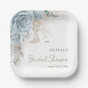 Boho Pampas Grass Pastel Blue Floral Bridal Shower Paper Plate