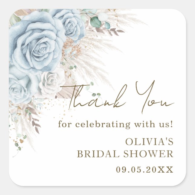 Boho Pampas Grass Pastel Blue Floral Bridal Shower Square Sticker (Front)