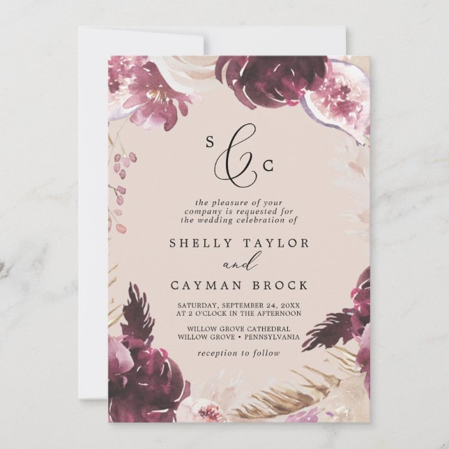 Boho Pampas Grass | Peach Formal Monogram Wedding Invitation (Front)