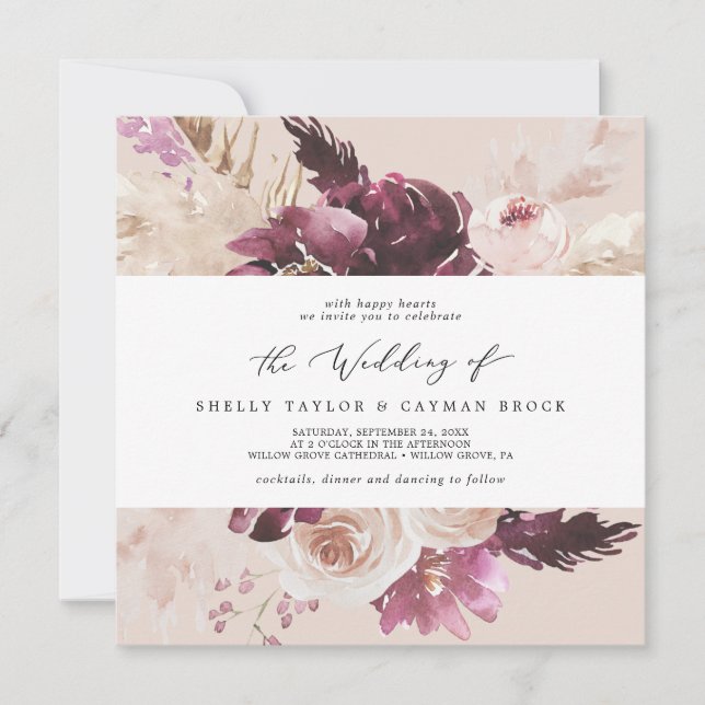 Boho Pampas Grass Peach Square Wedding Invitation (Front)