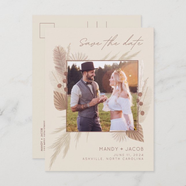 Boho Pampas Grass Photo Wedding Save the Date Announcement Postcard (Front/Back)