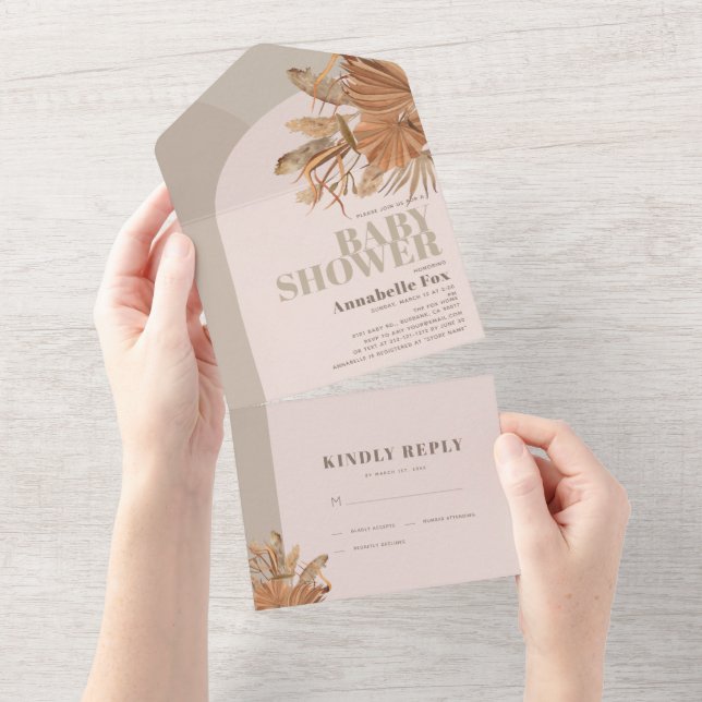 Boho Pampas Grass Pink Baby Shower All In One Invitation (Tearaway)