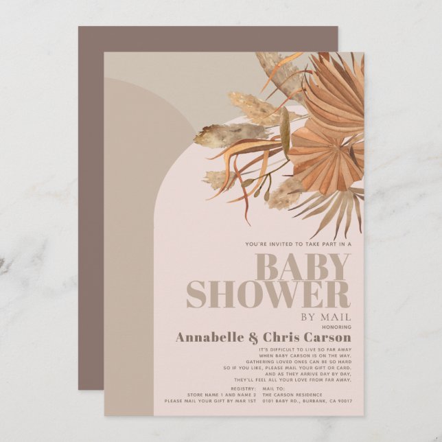 Boho Pampas Grass Pink Baby Shower by Mail Invitation (Front/Back)