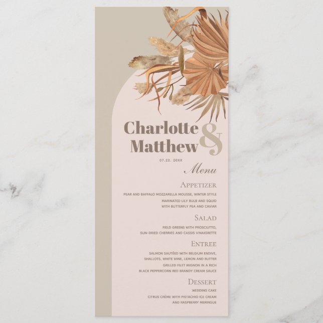 Boho Pampas Grass Pink Brown Wedding Menu Card (Front)