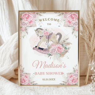 Boho Pampas Grass Pink Floral Rocking Horse Baby Poster