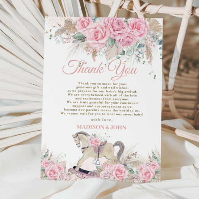 Boho Pampas Grass Pink Floral Rocking Horse Baby  Thank You Card (Creator Uploaded)