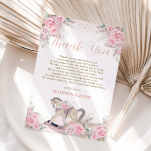 Boho Pampas Grass Pink Floral Rocking Horse Baby  Thank You Card