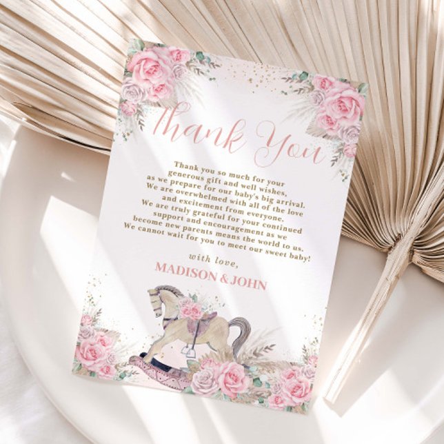 Boho Pampas Grass Pink Floral Rocking Horse Baby  Thank You Card (Creator Uploaded)