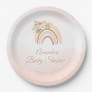 Boho Pampas Grass pink Rainbow girl Baby shower  Paper Plate