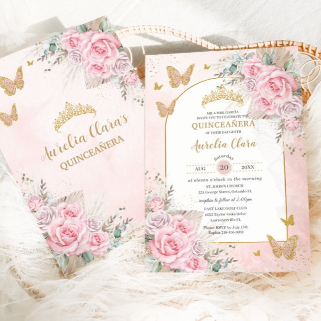 Boho Pampas Grass Pink Roses Floral Quinceañera Invitation (Creator Uploaded)