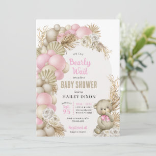 Boho Pampas Grass Pink Teddy Bear Baby Shower Invitation