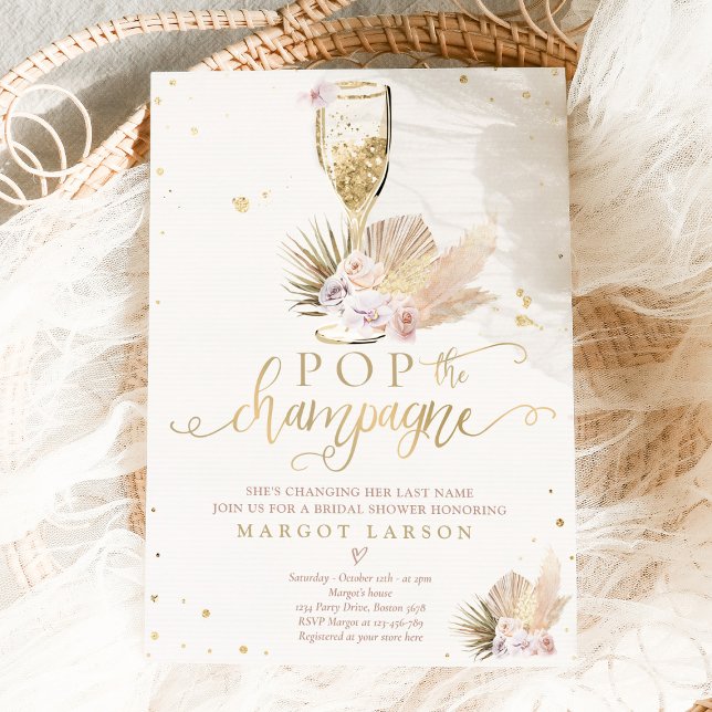 Boho Pampas Grass Pop the Champagne Bridal Shower  Invitation (Creator Uploaded)