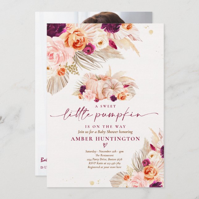 Boho Pampas Grass Pumpkin Burgundy Baby Shower  Invitation (Front/Back)