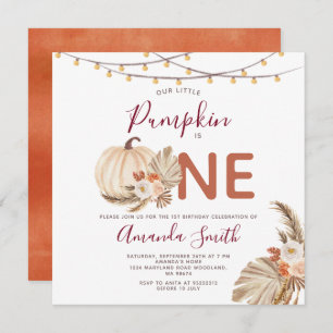 Boho Pampas Grass Pumpkin Is One Birthday Floral Invitation