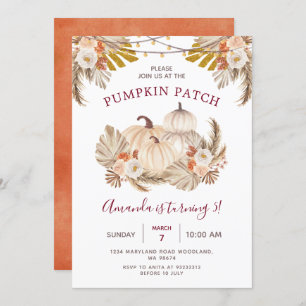 Boho Pampas Grass Pumpkin Patch 5th Birthday Invitation