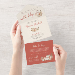 Boho Pampas grass pumpkins Fall in Love with Baby All In One Invitation
