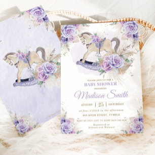 Boho Pampas Grass Purple Floral Rocking Horse Baby Invitation