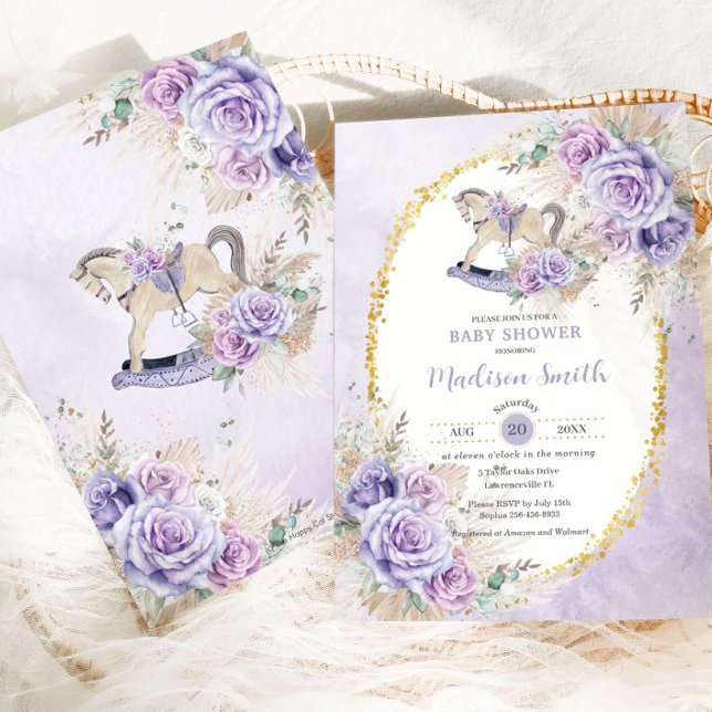 Boho Pampas Grass Purple Floral Rocking Horse Baby Invitation (Creator Uploaded)