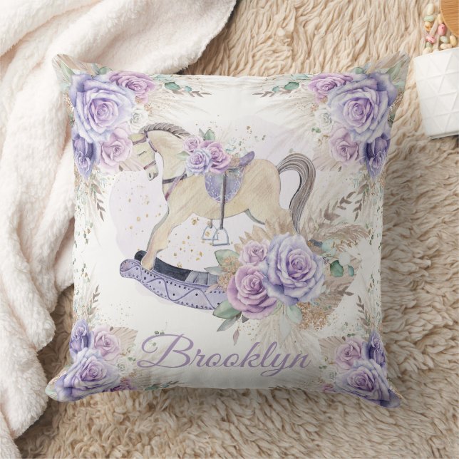 Boho Pampas Grass Purple Floral Rocking Horse Cushion (Blanket)