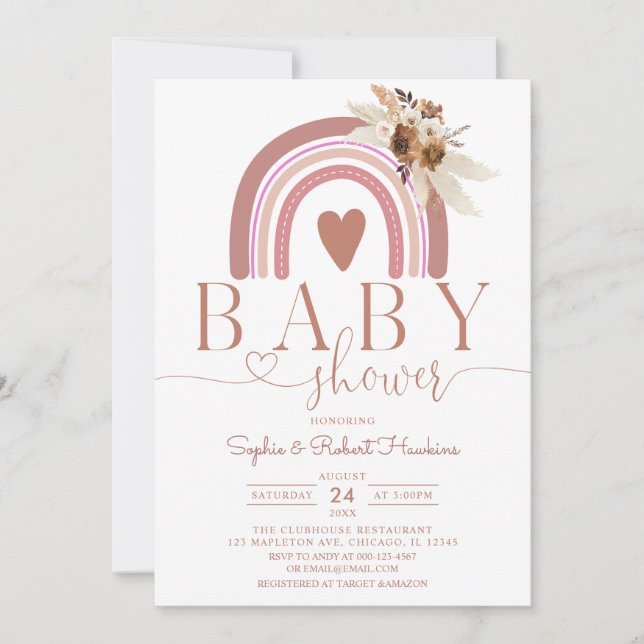 Boho Pampas Grass Rainbow Baby Shower Invitation (Front)