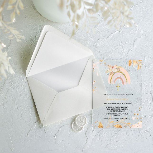 Boho Pampas Grass Rainbow Girl BAptism Christening Acrylic Invitations (Creator Uploaded)