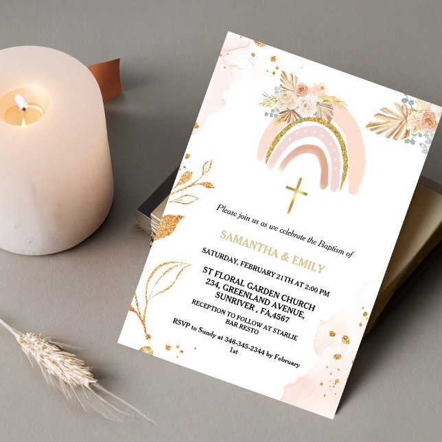 Boho Pampas Grass Rainbow Girl BAptism Christening Invitation (Creator Uploaded)