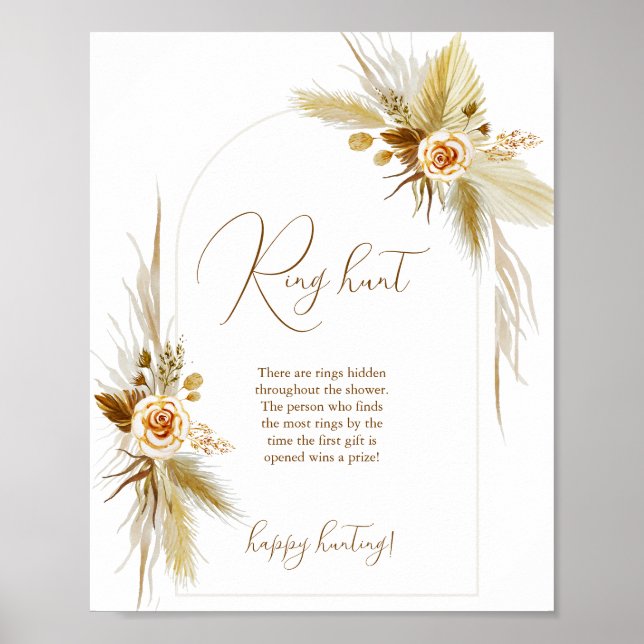 Boho pampas grass ring hunt bridal shower game poster (Front)