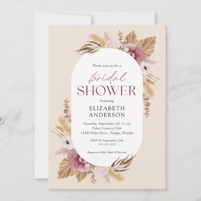 Boho Pampas Grass Rose Gold Invitation (Front)