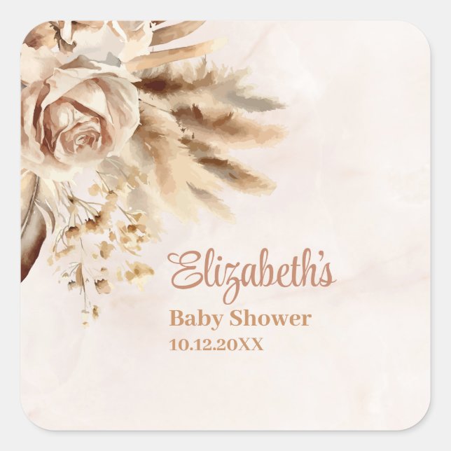 Boho Pampas Grass Roses Baby Shower Square Sticker (Front)