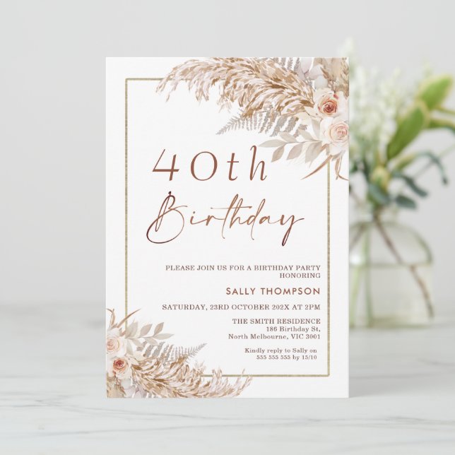 Boho Pampas Grass Roses Gold Frame Birthday Invitation (Standing Front)