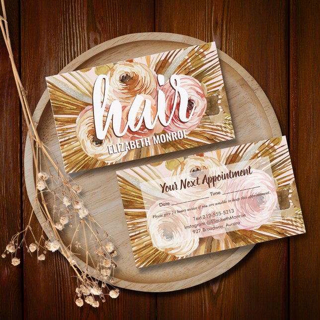 Boho Pampas Grass Roses Hair Stylist Salon Appointment Card (Creator Uploaded)