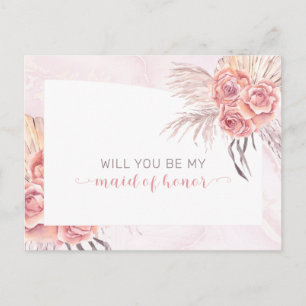 Boho Pampas Grass  Roses Maid of Honour Request Invitation Postcard
