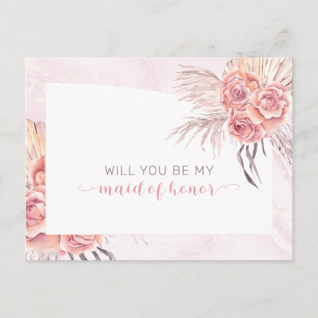 Boho Pampas Grass |Roses Maid of Honour Request Invitation Postcard (Front)