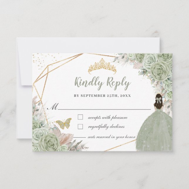 Boho Pampas Grass Sage Green Floral Quinceañera  RSVP Card (Front)