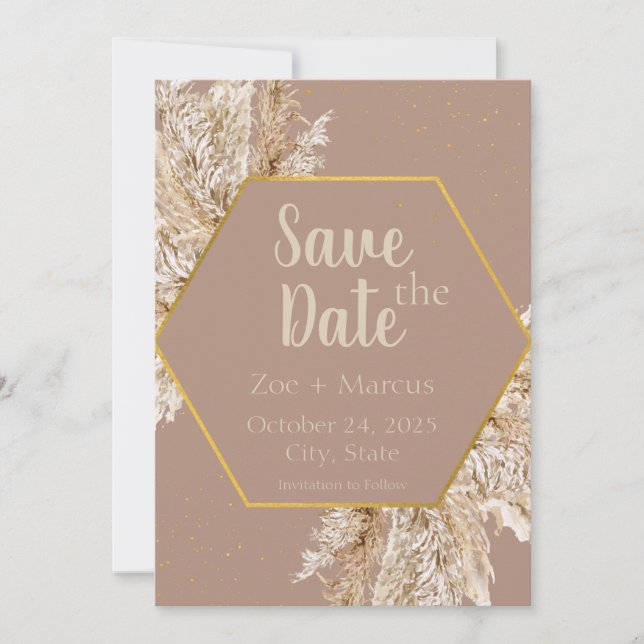 Boho Pampas Grass Save the Date — Beige/Blush (Front)