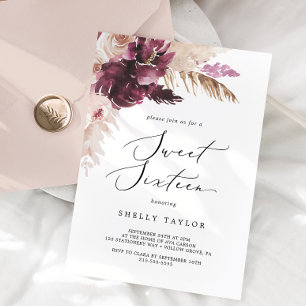 Boho Pampas Grass Sweet Sixteen Birthday Invitation